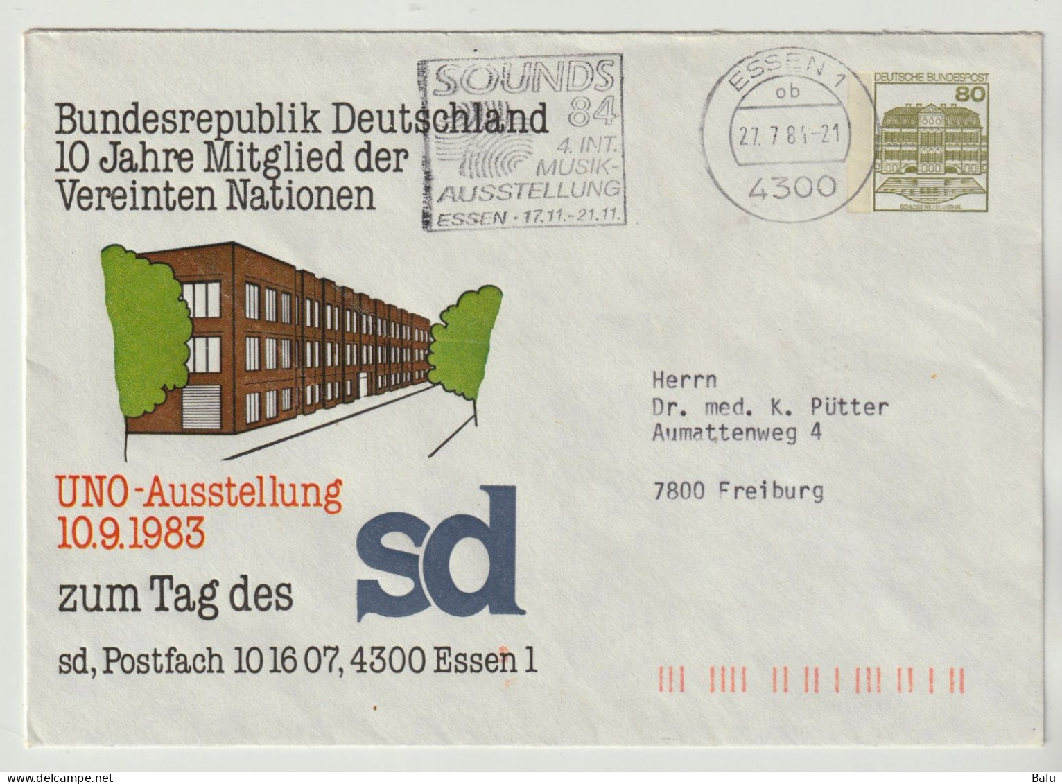 Ganzsache Privatumschlag 80 Pfg. Michel PU 117/95, 10 Jahre Mitglied Der Vereinten Nationen - UNO-Ausstellung, 2 Scans - Enveloppes Privées - Oblitérées