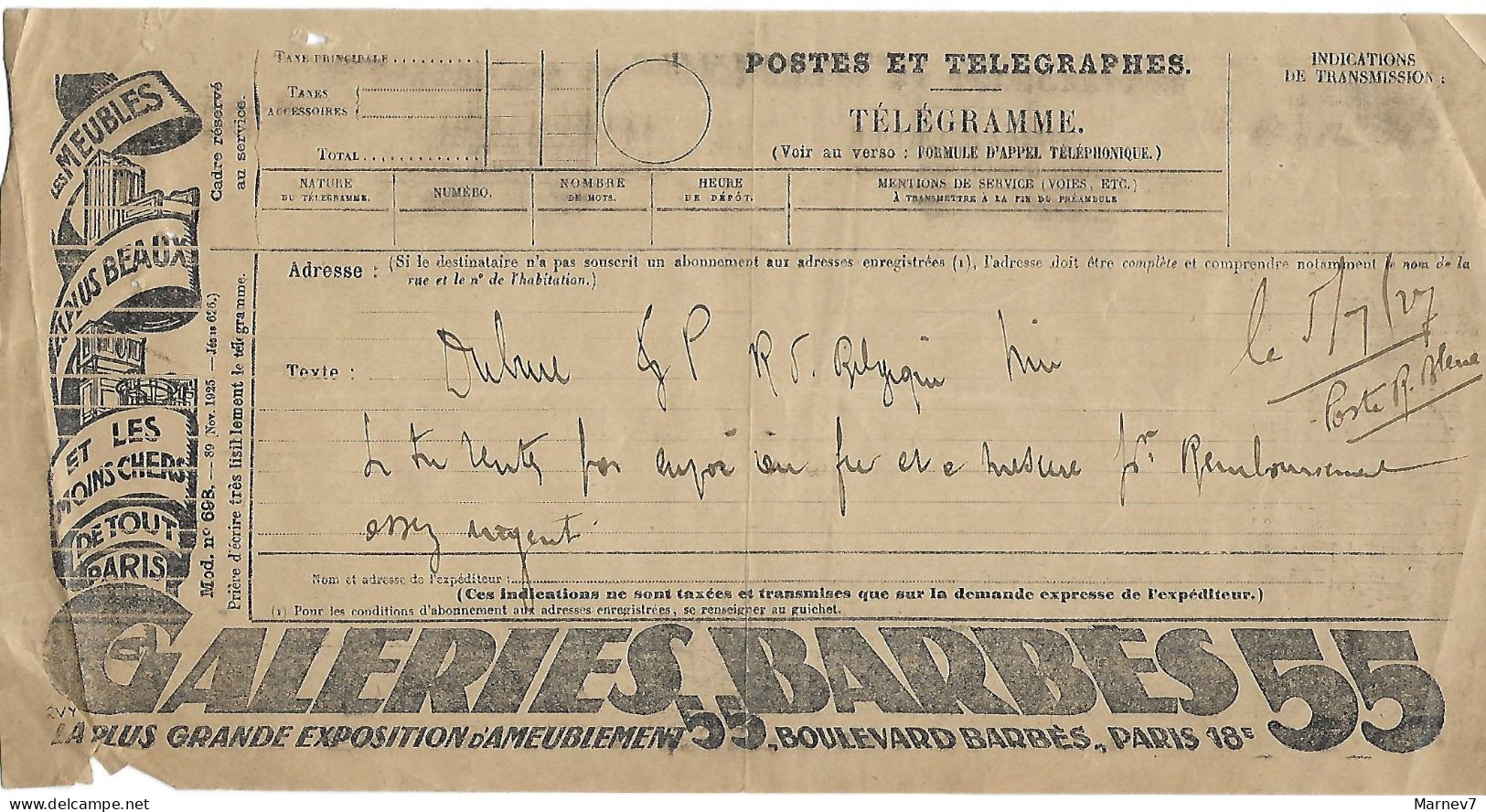 Télégramme Postes Et TELEGRAPHES - Formule 1392-25 - Publicité - Aux GALERIES BARBES - 55 - Meubles - Telegraph And Telephone