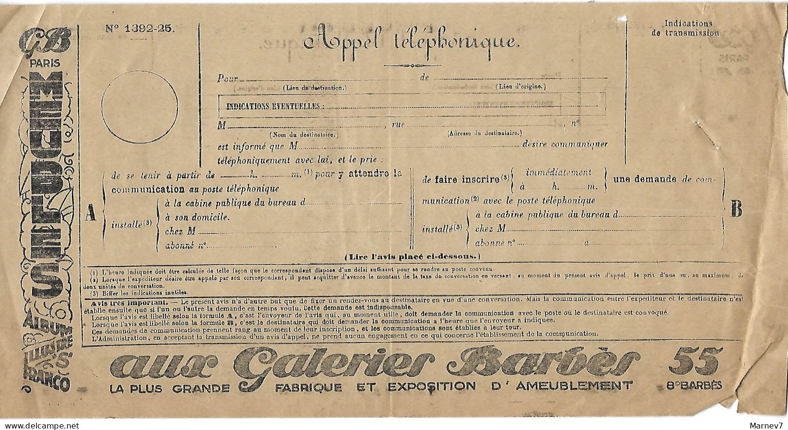 Télégramme Postes Et TELEGRAPHES - Formule 1392-25 - Publicité - Aux GALERIES BARBES - 55 - Meubles - Telegraph And Telephone