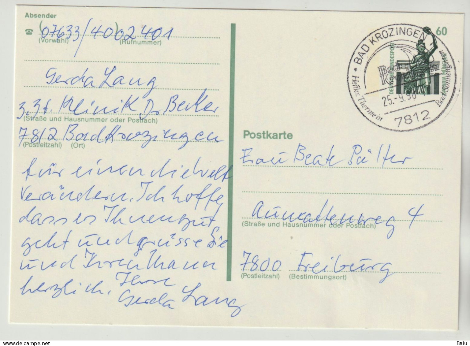 Ganzsache Postkarte 60 Pfg. Michel P144, Sonderstempel Bad Krozingen 25.9.90, 2 Scans - Enveloppes Privées - Oblitérées