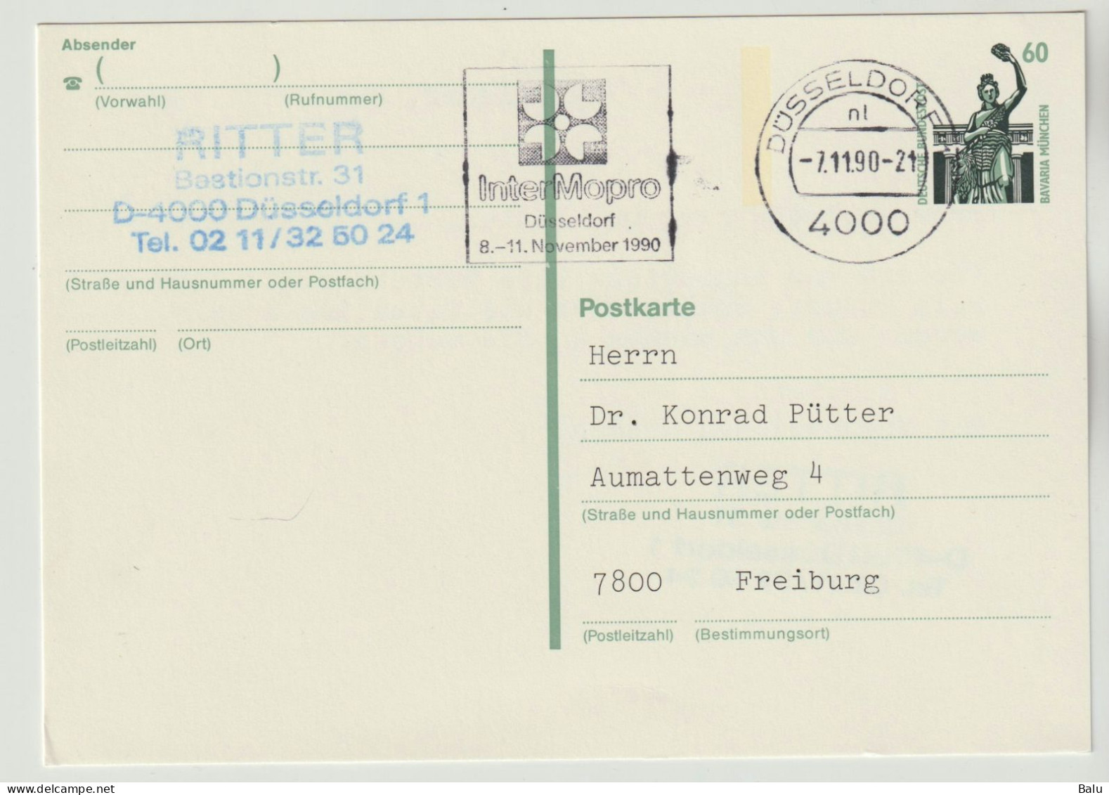 Ganzsache Postkarte 60 Pfg. Michel P144, InterMopro Düsseldorf 7.11.90, Siehe 2 Scans - Privatumschläge - Gebraucht