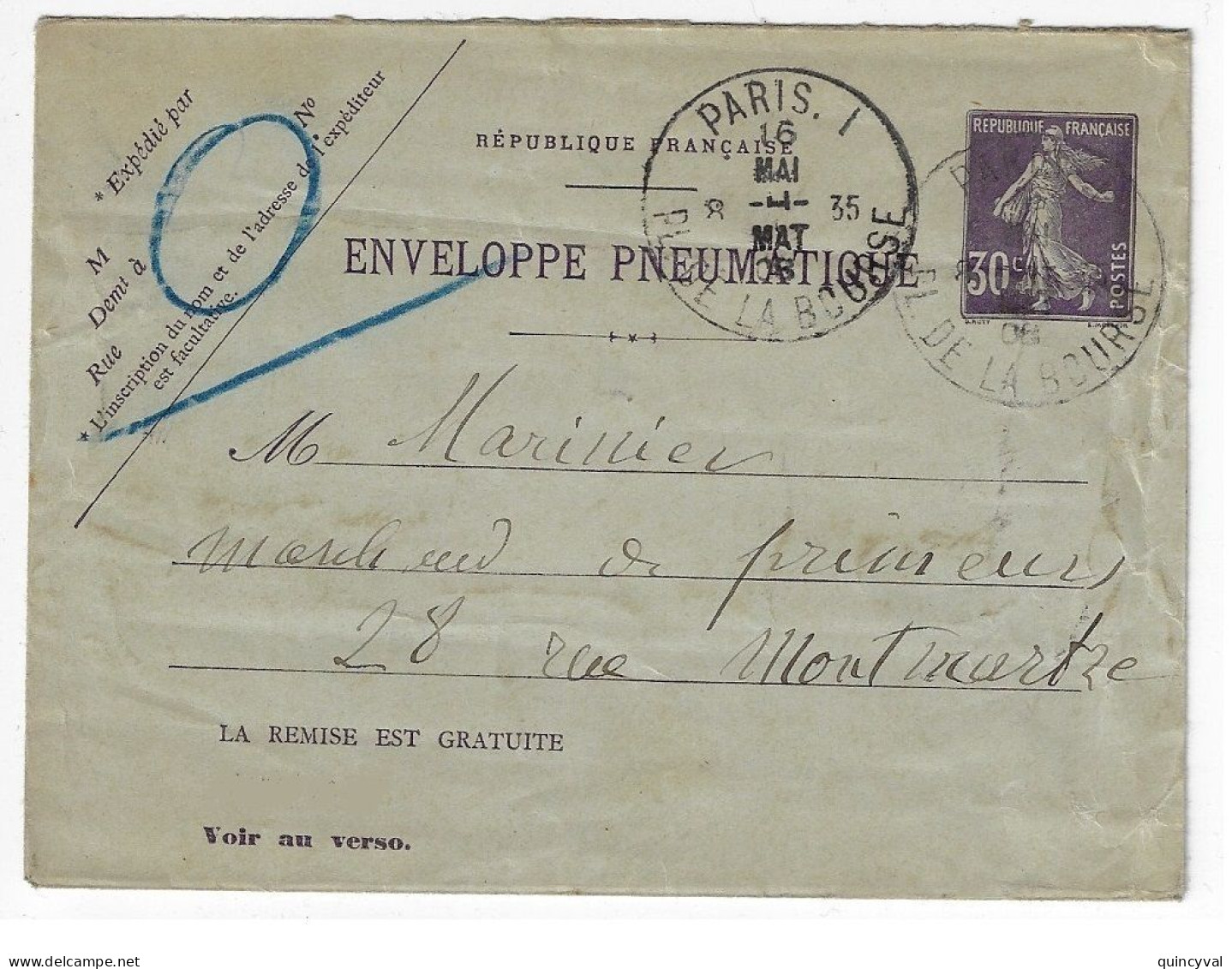 PARIS 1 Pl De La Bourse Enveloppe Entier 30c Semeuse Violet Yv EPP2 Storch K15 Verso 19 Villes Ob 11 1909 - Pneumatic Post