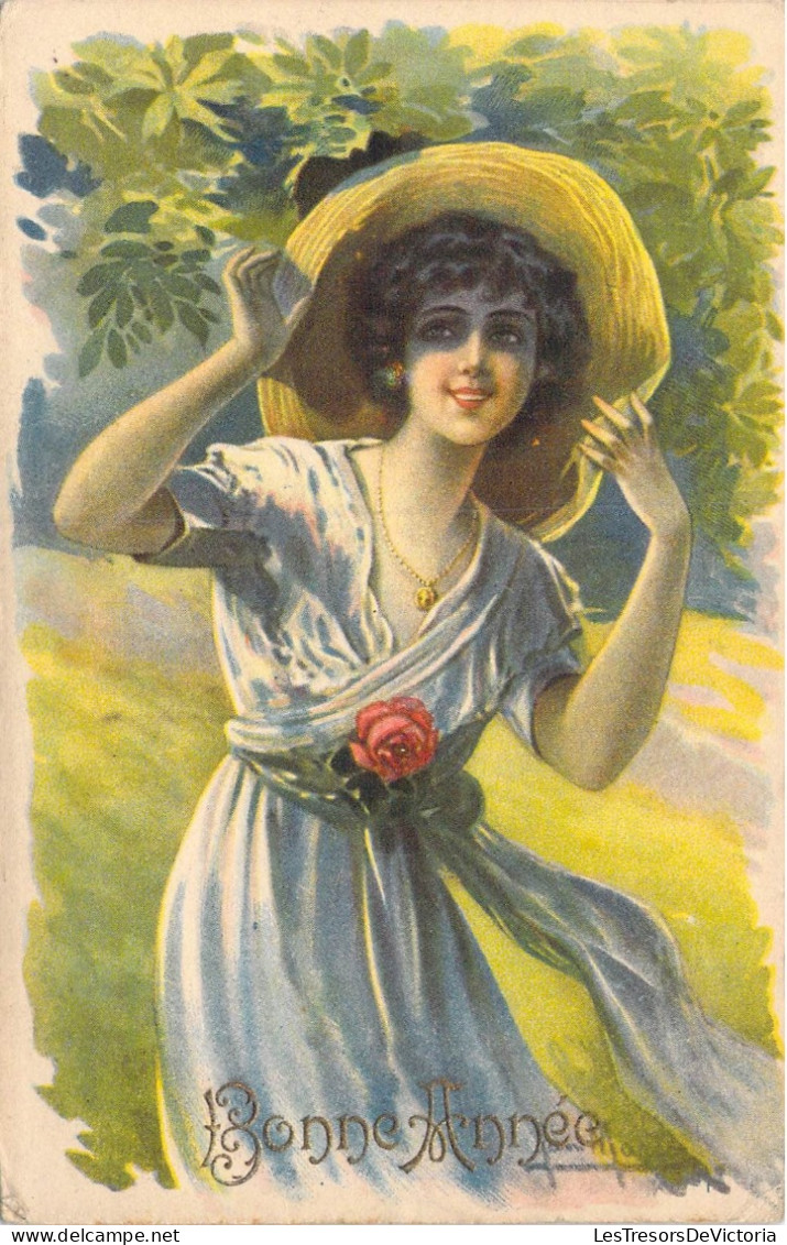 FETES - Bonne Année - Femme - Chapeau - Fleurs - Carte Postale Ancienne - Nouvel An