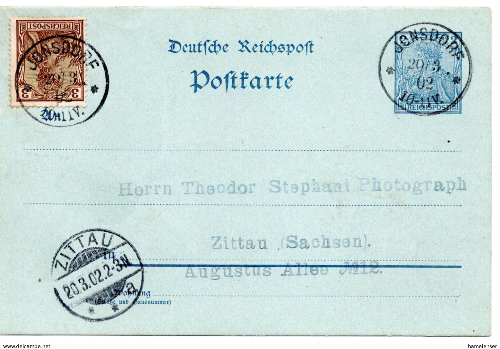 65719 - Deutsches Reich - 1902 - 2Pfg Germania GAKte M ZusFrankatur JONSDORF -> ZITTAU - Storia Postale
