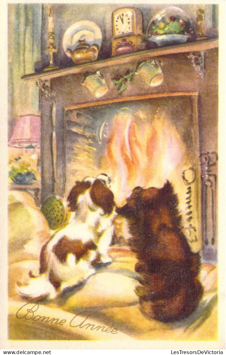 FETES - Bonne Année - Chiens - Cheminée - Feu - Carte Postale Ancienne - Nouvel An