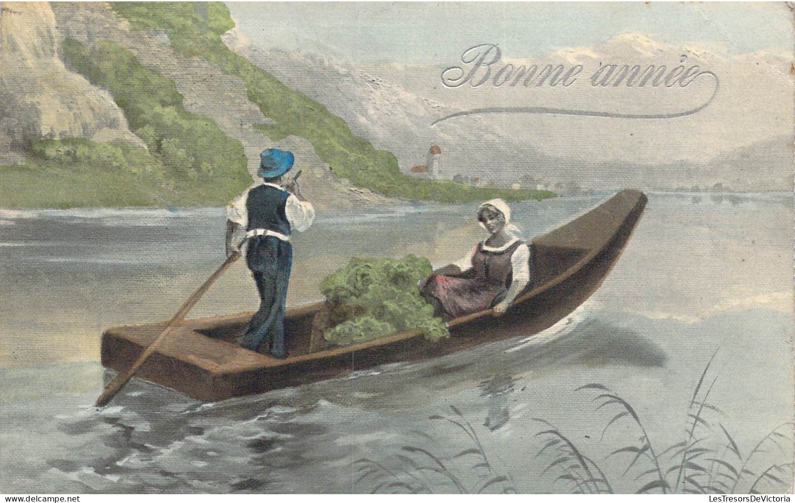 FETES - Bonne Année - Barque - Femme - Homme - Lac - Carte Postale Ancienne - Nouvel An
