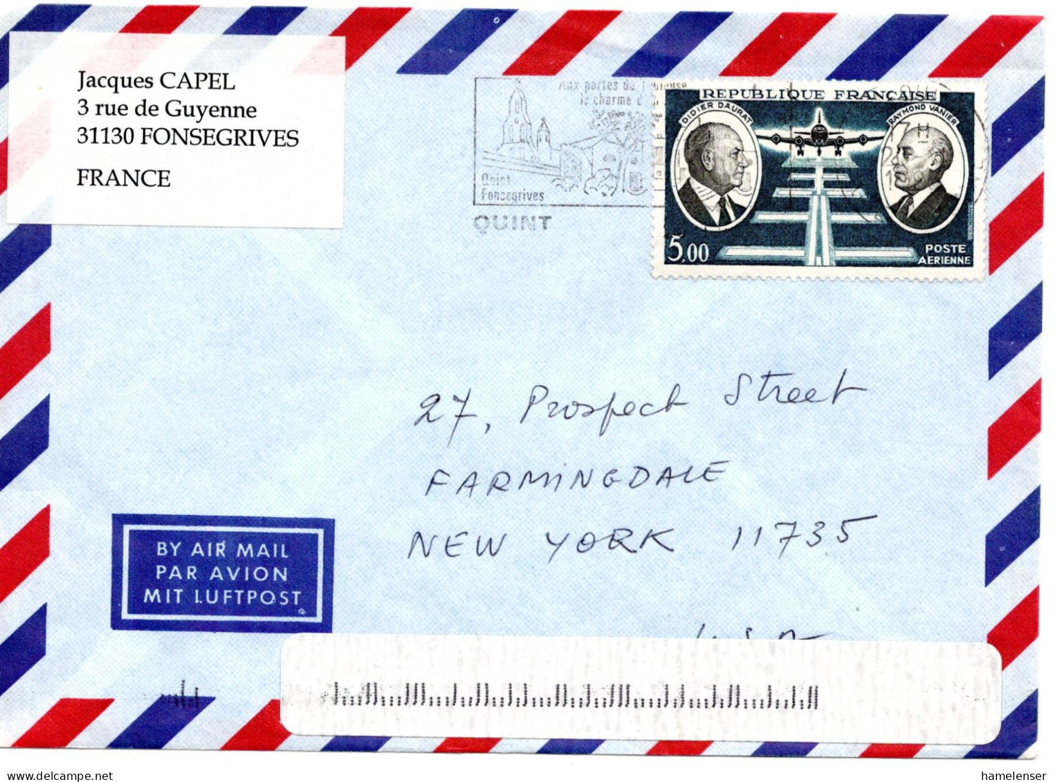 65729 - Frankreich - 1993 - 5F Luftpost EF A LpBf QUINT -> New York, NY (USA) - Lettres & Documents