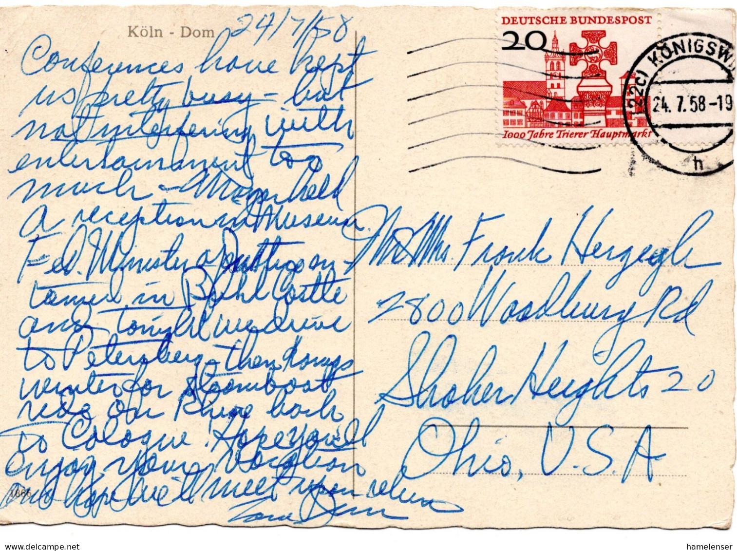 65730 - Bund - 1958 - 20Pfg Trier EF A AnsKte KOENIGSWINTER -> Shoher Heights, OH (USA) - Storia Postale