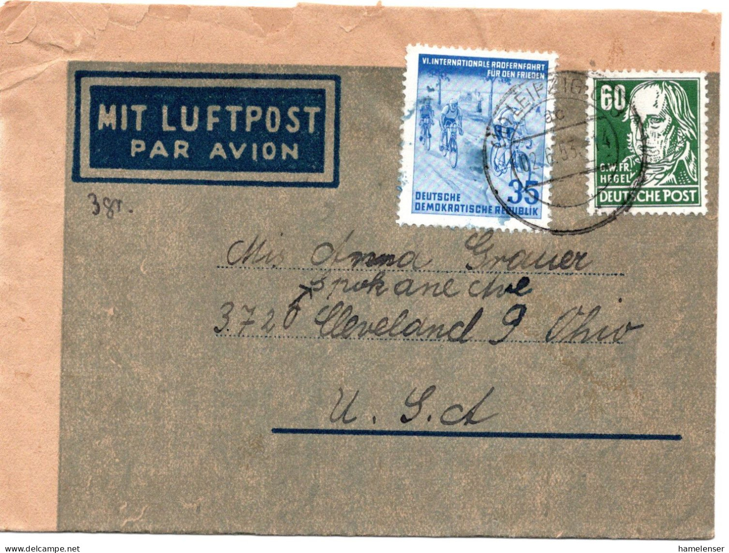 65731 - DDR - 1953 - 60Pfg Hegel MiF A Aerogramm LEIPZIG -> Cleveland, OH (USA) - Cartas & Documentos