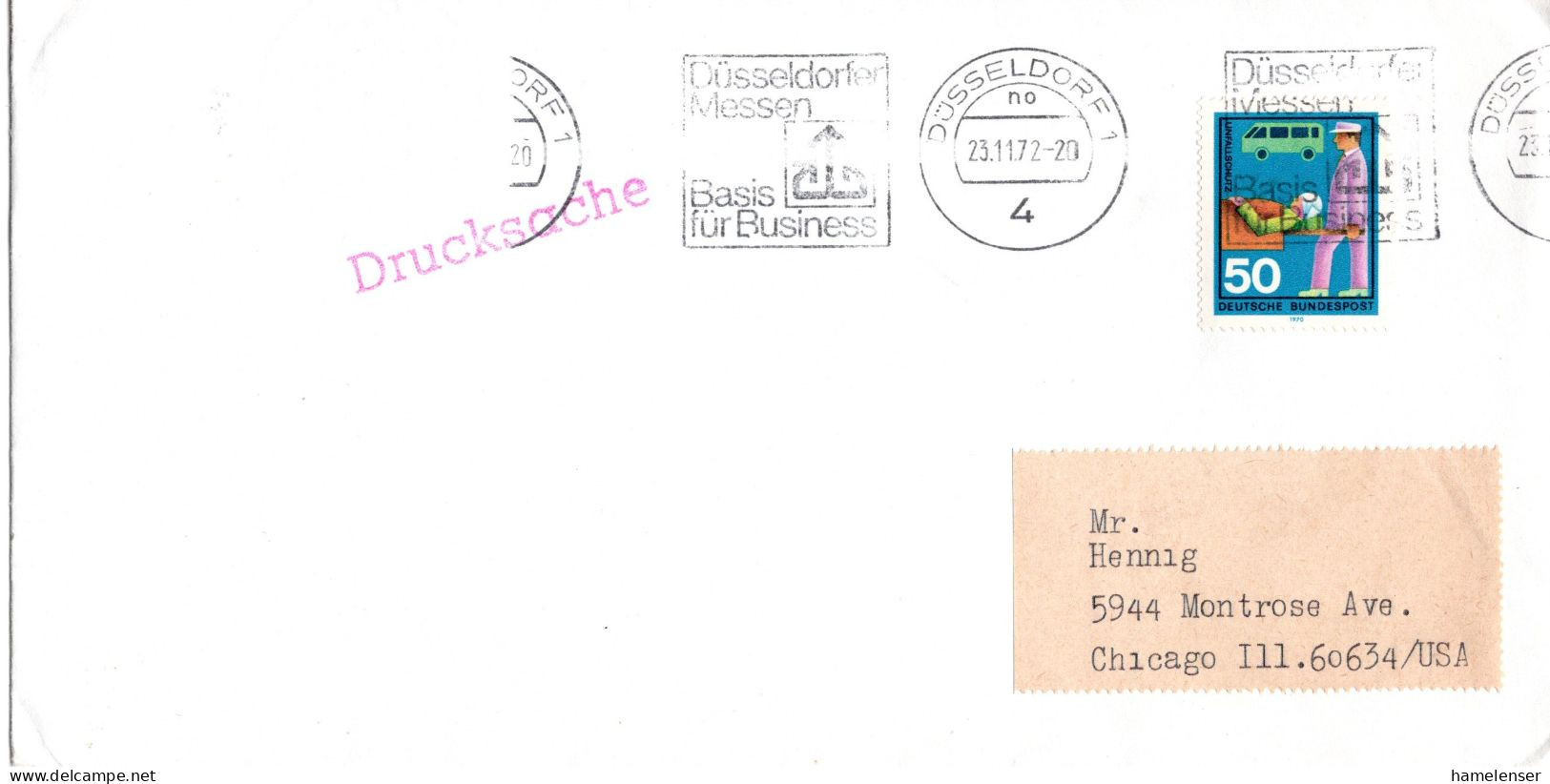 L65738 - Bund - 1972 - 50Pfg Unfallschutz EF A DrucksBf DUESSELDORF - ... -> Chicago, IL (USA) - Storia Postale