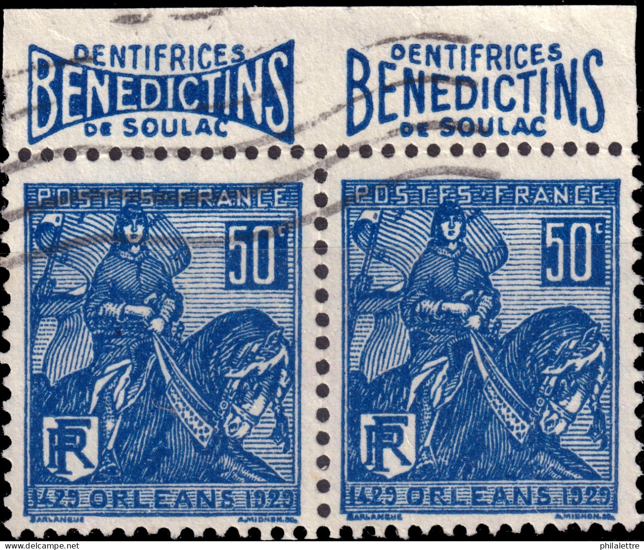 FRANCE - 1929 - Paire Yv.257 50c Jeanne-d'Arc T.I Avec Bande Pub "DENTIFRICES BENEDICTINS DE SOULAC" - Oblitérés TB - Gebruikt