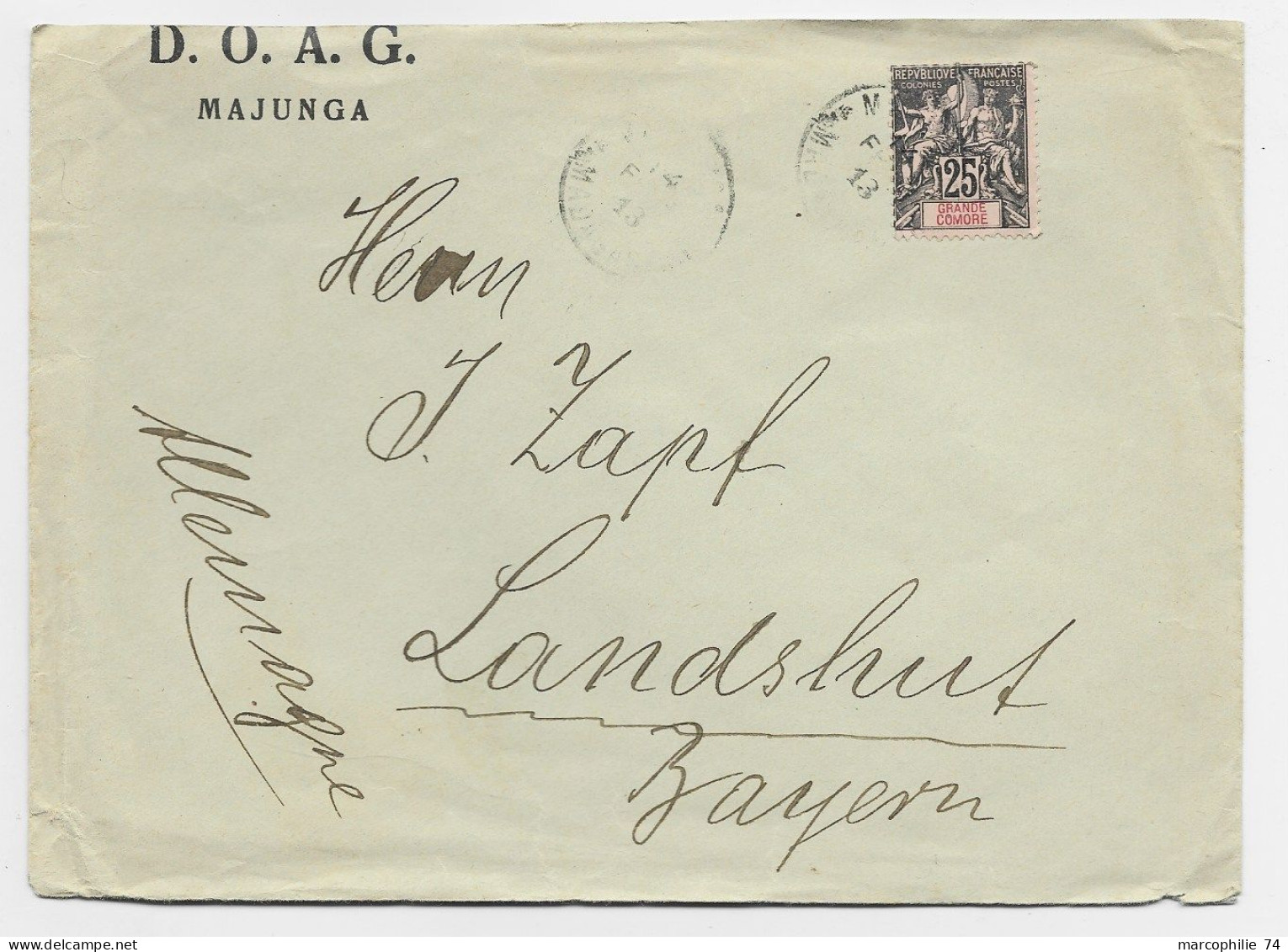 GRAND COMORE 25C GROUPE SEUL LETTRE COVER ENTETE MAJUNGA 1913  MADAGASCAR POUR SUISSE - Cartas & Documentos