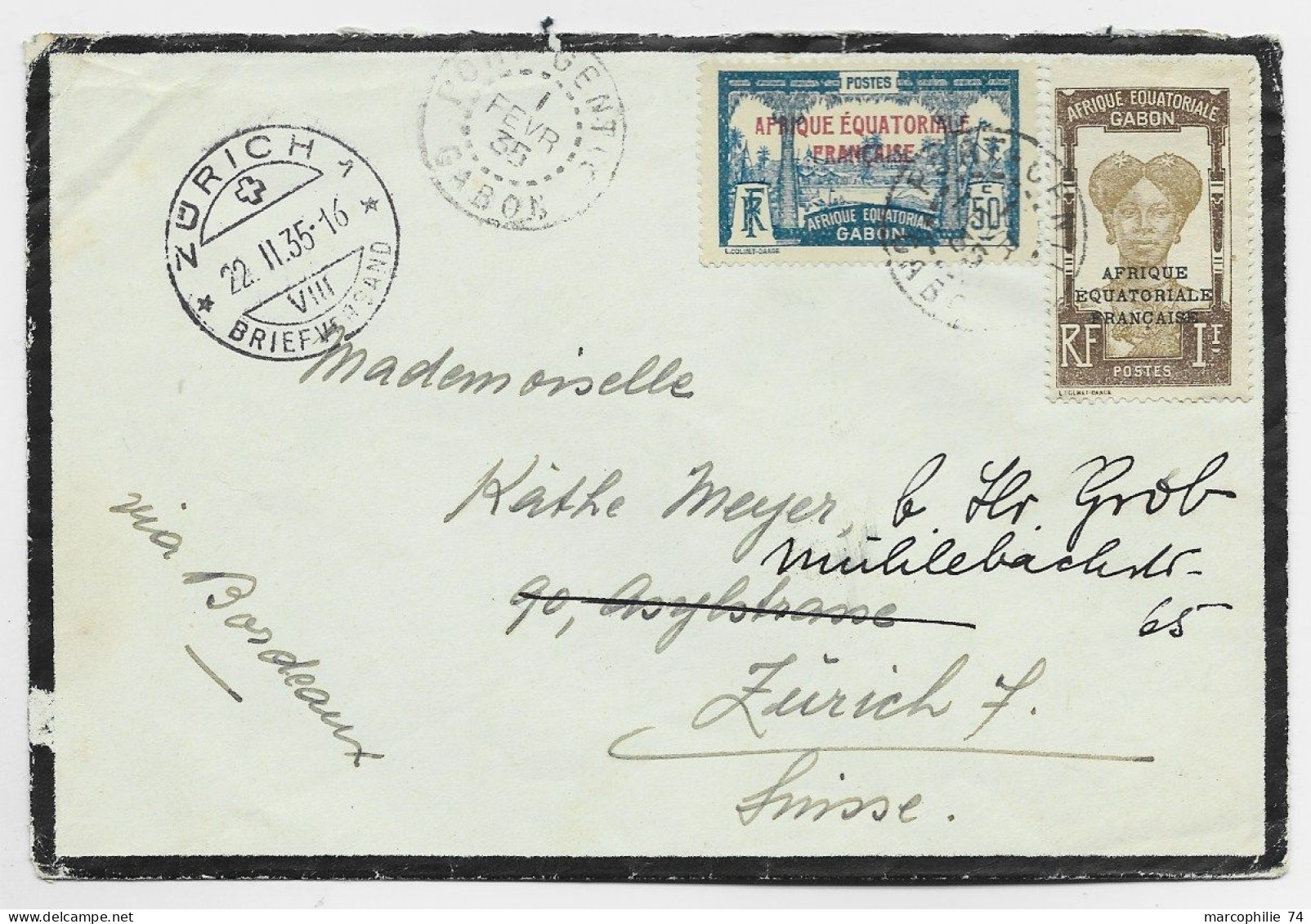 AOF 1FR+50C LETTRE COVER DEUIL PORT GENTIL 2 FEVR 1935 TO SUISSE - Lettres & Documents