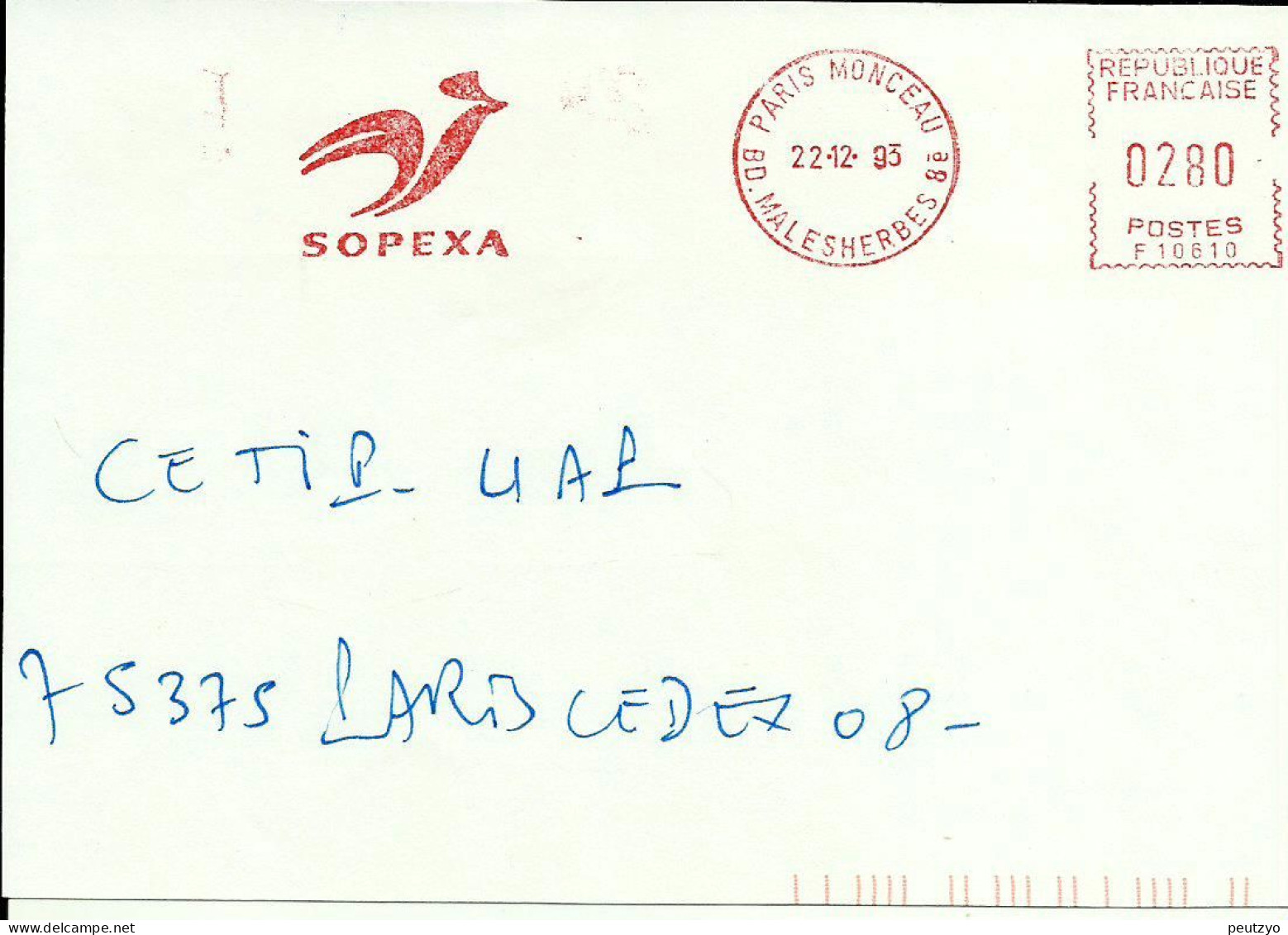 Lettre EMA Smb F 1993 Sopexa Animaux Oiseaux Coq  Metier  75 Paris  A 59/36 - Mechanical Postmarks (Advertisement)