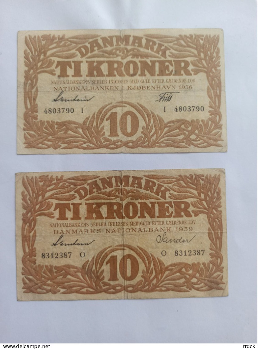 2 Billets Danemark  10 Kroner  1936   1939 - Denmark