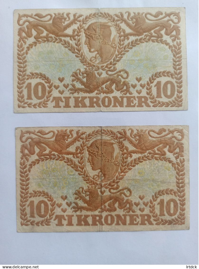 2 Billets Danemark  10 Kroner  1936   1939 - Denemarken