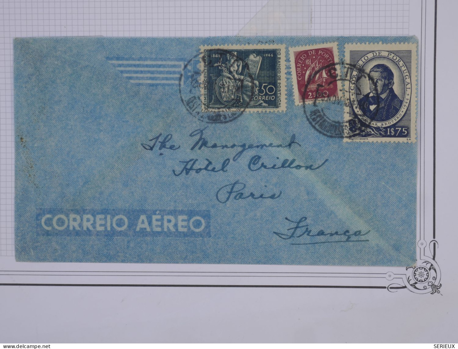 BR20  PORTUGAL BELLE LETTRE 1946 LISBOA A  PARIS .COLLECTION  HOTEL CRILLON++++AFF. PLAISANT+ - Storia Postale