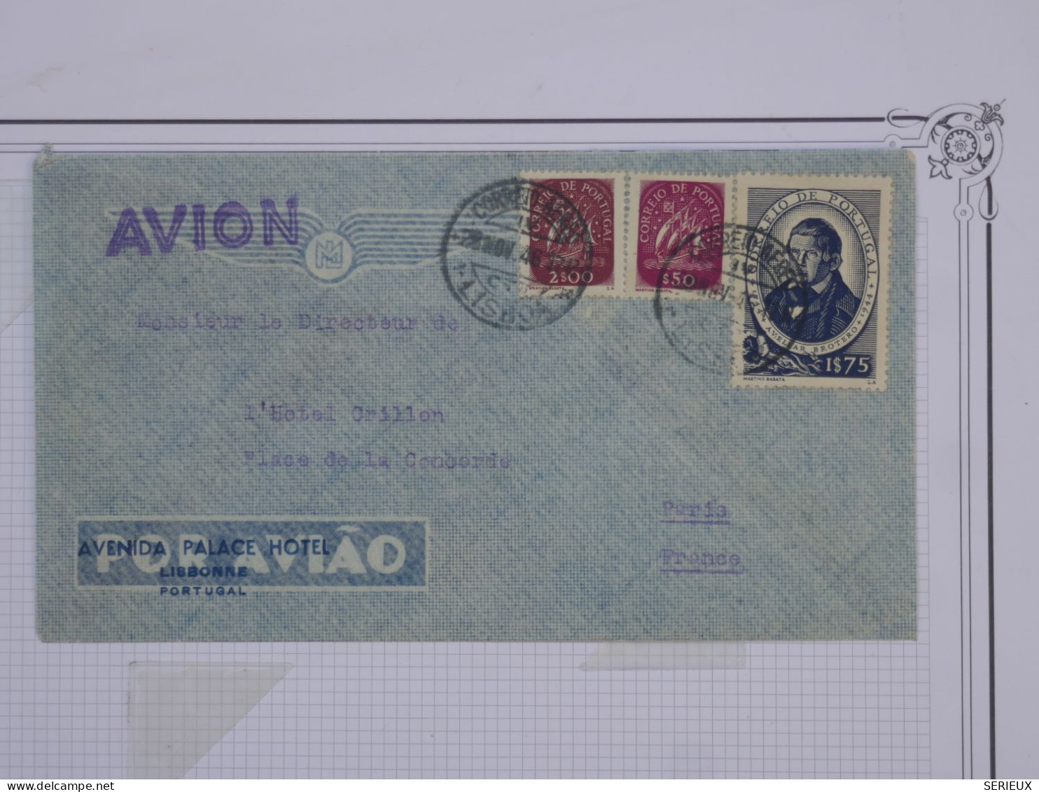 BR20  PORTUGAL BELLE LETTRE 1946 LISBOA A  PARIS .COLLECTION  HOTEL CRILLON++++AFF. PLAISANT+ - Lettres & Documents