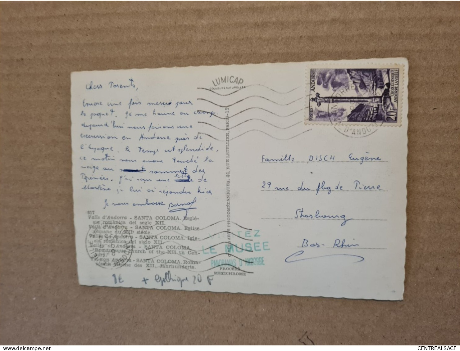 ANDORRE 1959 CROIX GOTHIQUE 20F - Briefe U. Dokumente