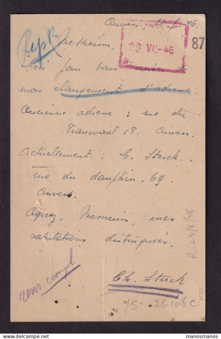 212/39 - Moins 10 % - Entier Postal Lion V + TP Petit Sceau ANTWERPEN 1946 Vers Bruxelles - Postkarten 1934-1951