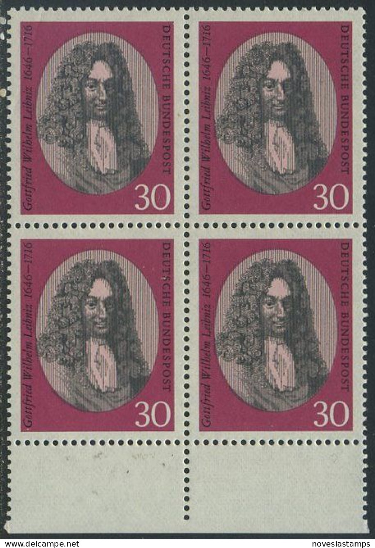 !a! GERMANY 1966 Mi. 0518 MNH BLOCK W/ Bottom Margins - Gottfried Wilhelm Leibniz, Philosopher - Ungebraucht