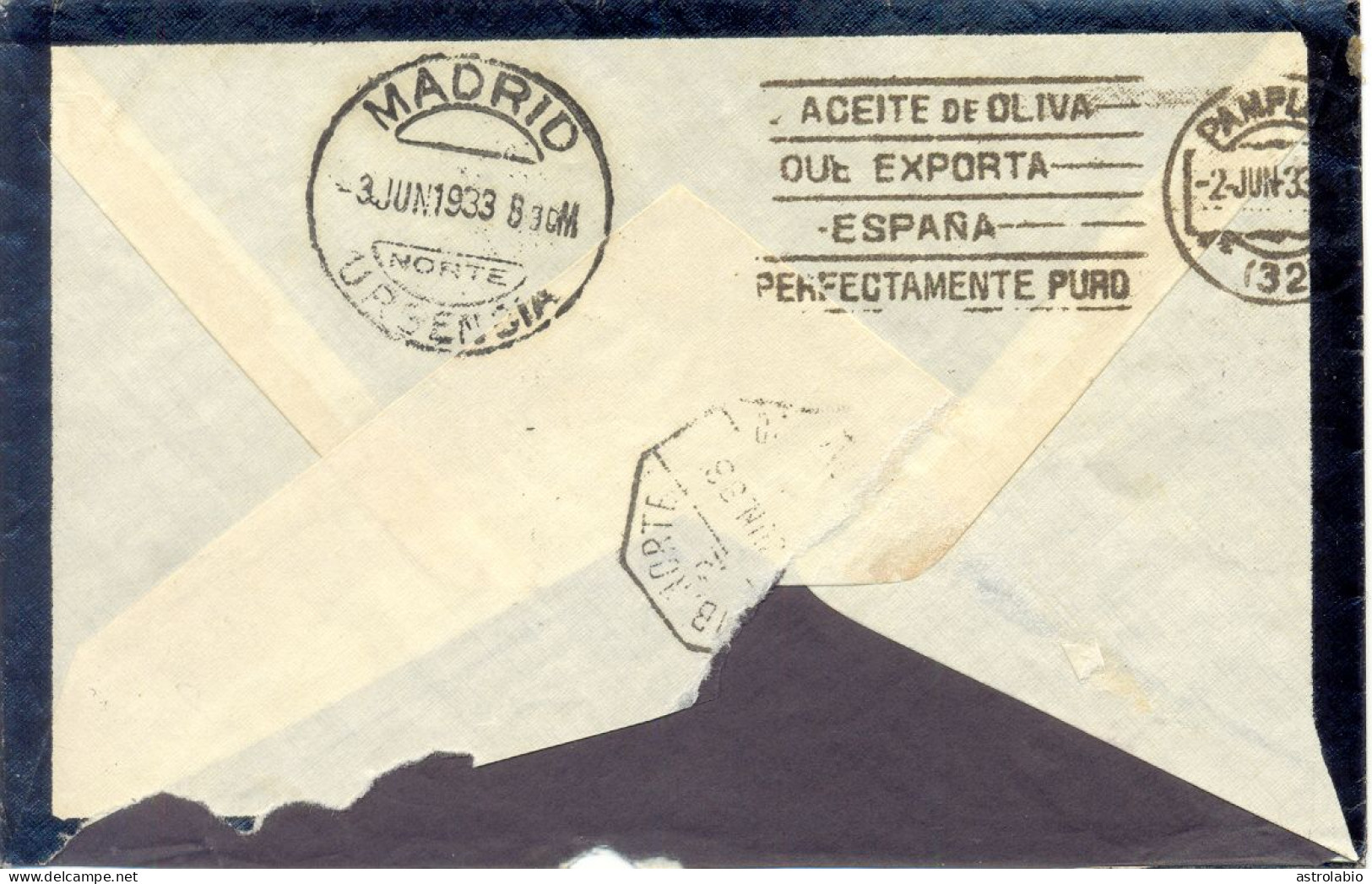 Pamplona A Madrid 1933 Carta Por URGENTE Dorso Ambulante Y Llegada Edifil 676 Ver 2 Scan - Eilbriefmarken