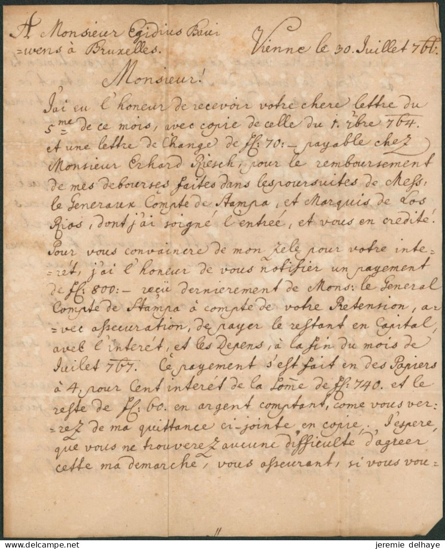 Précurseur - L. Datée De Vienne 30/7/1766 Port 6 Kreutzer > Bruxelles / Lettre Simple, Port 11 Sols. Port Rectifié - ...-1850 Préphilatélie