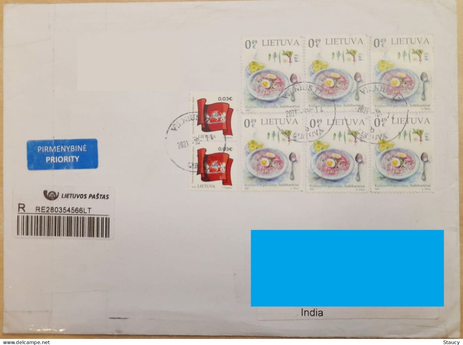 LITHUNIA 2021 2 FLAG + 6 DISHES STAMPS / MULTI FRANKING REGISTERED POSTAL TRAVELLED COVER TO INDIA As Per Scan - Covers