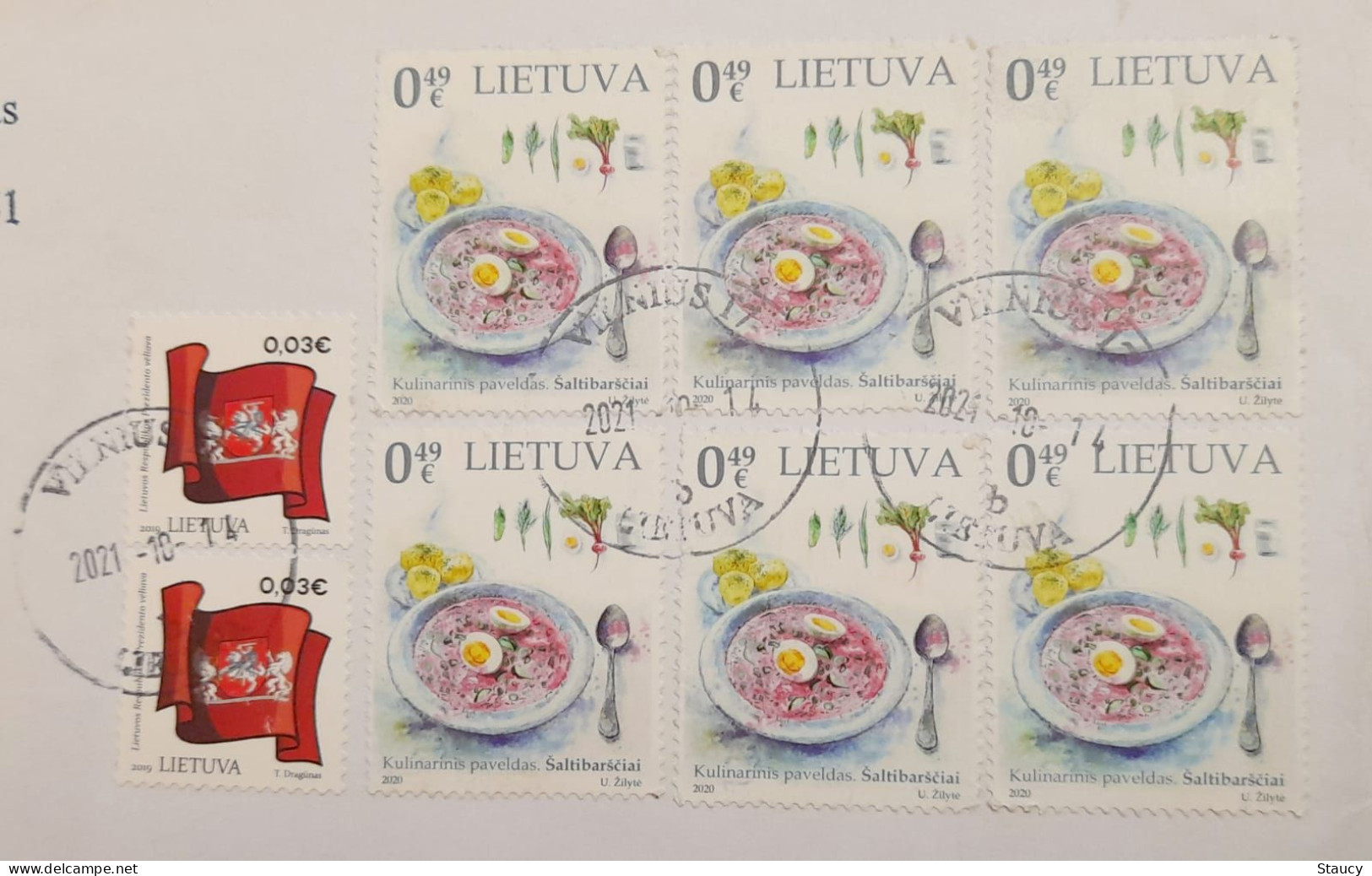 LITHUNIA 2021 2 FLAG + 6 DISHES STAMPS / MULTI FRANKING REGISTERED POSTAL TRAVELLED COVER TO INDIA As Per Scan - Alimentation