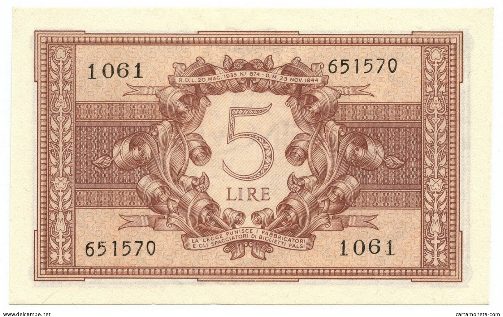 5 LIRE BIGLIETTO STATO ATENA LUOGOTENENZA UMBERTO CAVALLARO 23/11/1944 FDS-/FDS - Andere