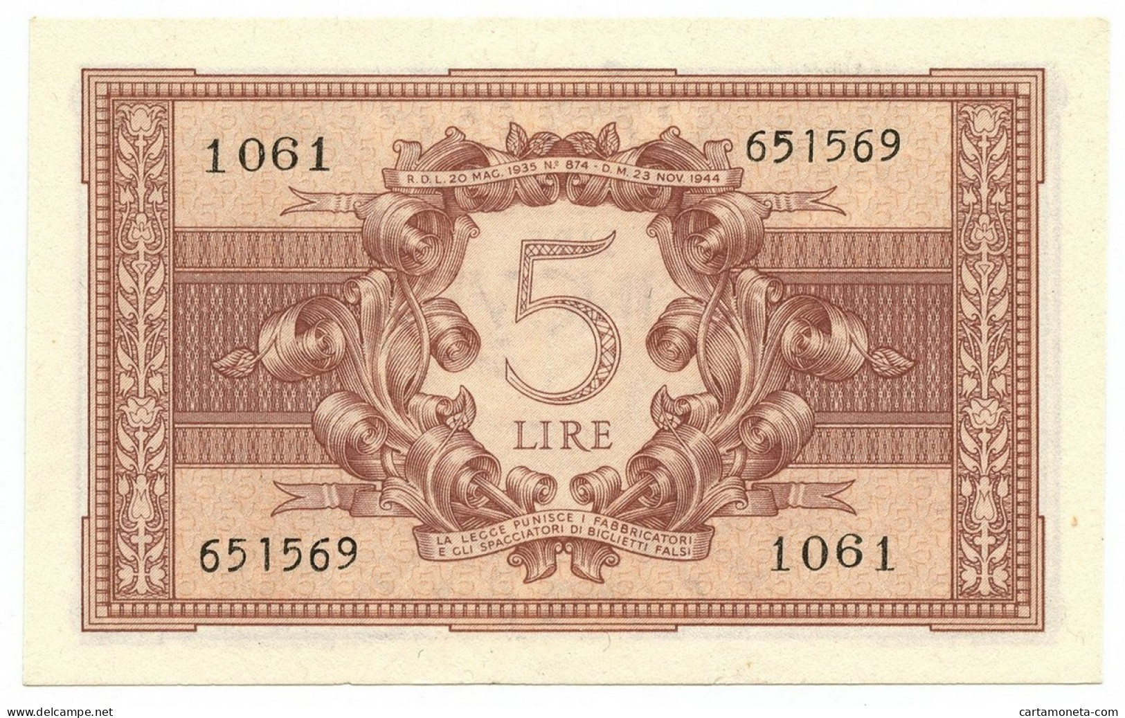 5 LIRE BIGLIETTO STATO ATENA LUOGOTENENZA UMBERTO CAVALLARO 23/11/1944 FDS-/FDS - Regno D'Italia - Altri