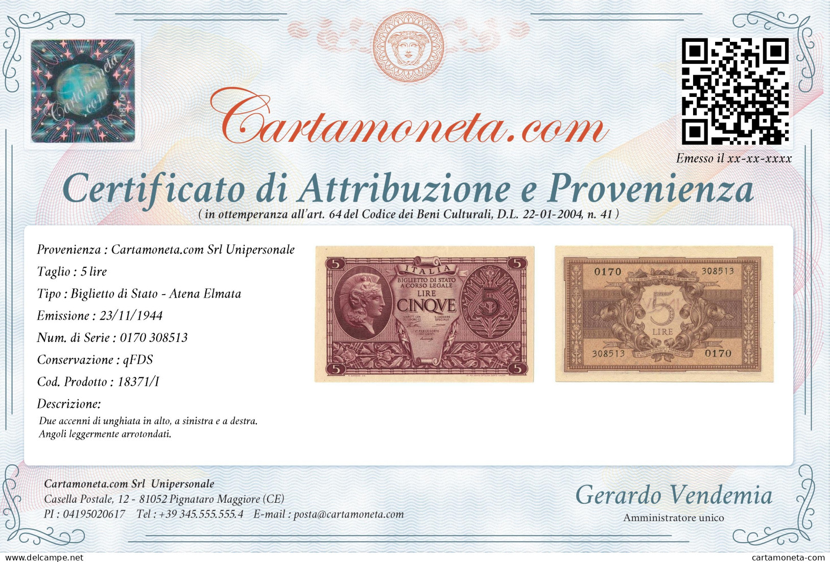 5 LIRE BIGLIETTO DI STATO ATENA LUOGOTENENZA UMBERTO VENTURA 23/11/1944 QFDS - Regno D'Italia – Other