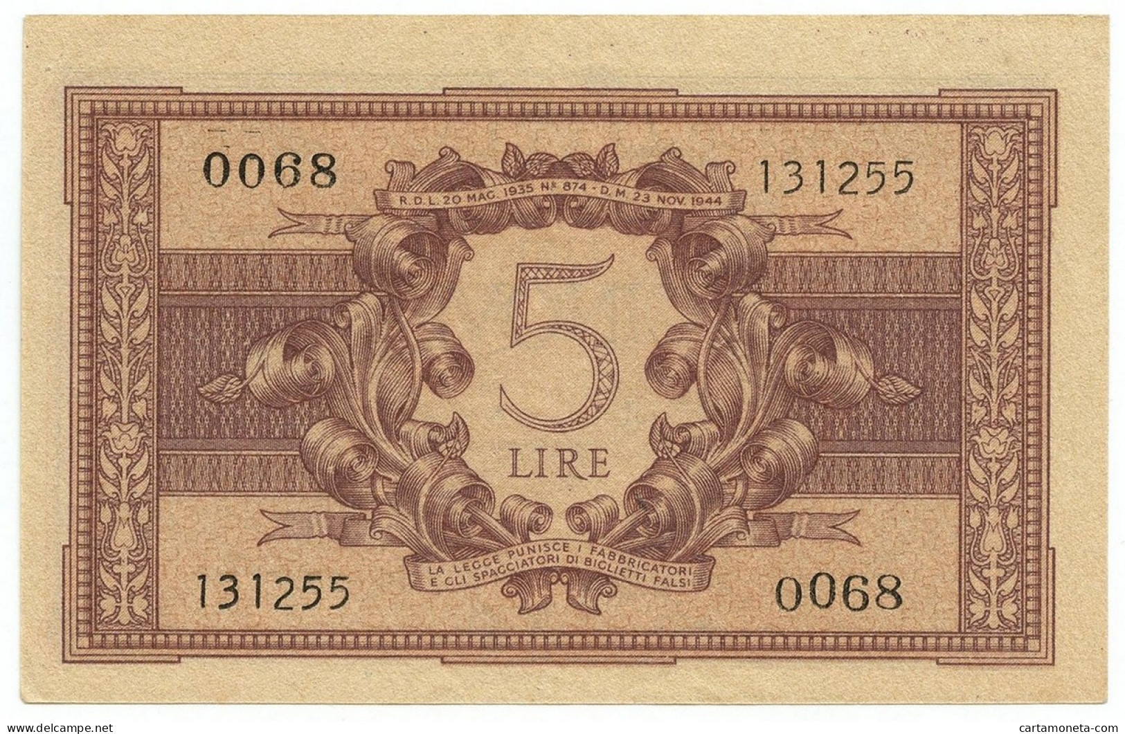 5 LIRE BIGLIETTO DI STATO ATENA LUOGOTENENZA UMBERTO VENTURA 23/11/1944 QFDS - Regno D'Italia – Autres