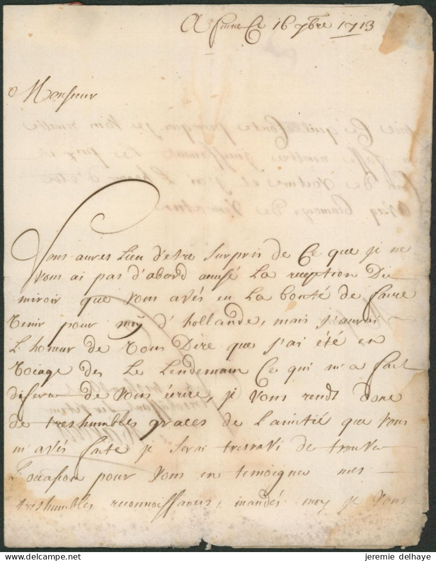 Précurseur - LAC Datée De Furnes (1713) + Marque Manuscrite "Füren" (marque RR), Port 2 Stuyvers > Nieuport - 1621-1713 (Spaanse Nederlanden)