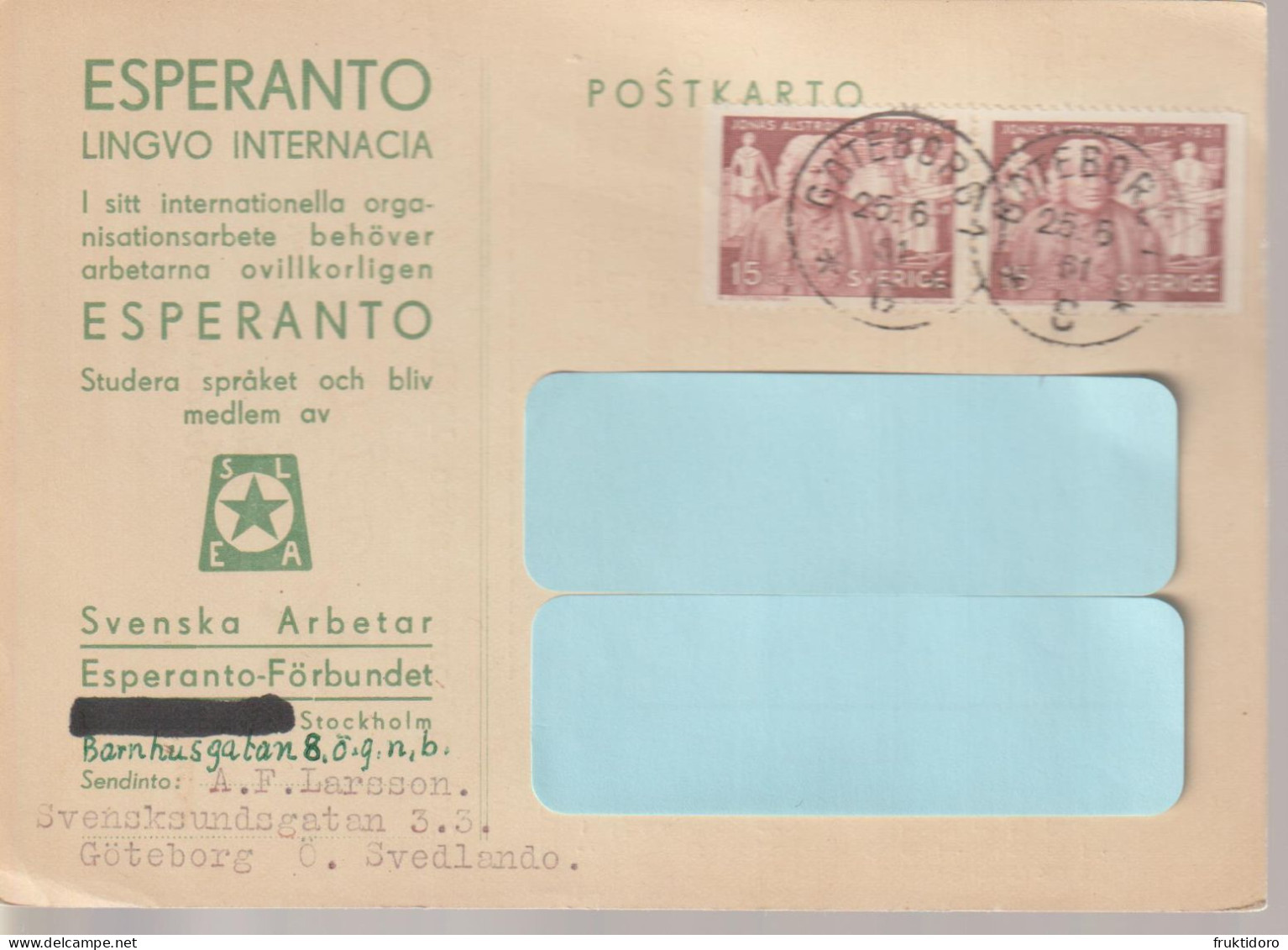 AKEO 108 Esperanto Card Sweden - Workers Association - Circulated 1961 - Karto El Svedio - Esperanto