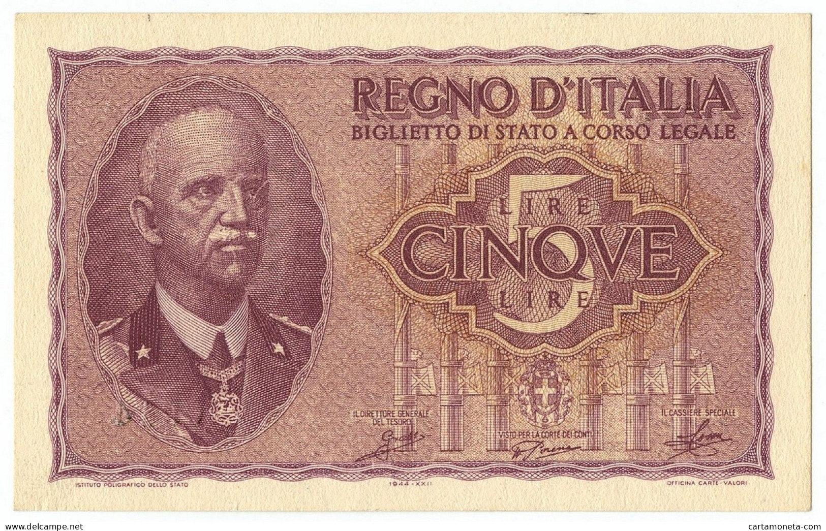 5 LIRE BIGLIETTO DI STATO VITTORIO EMANUELE III FASCIO 1944 XXII QFDS - Andere