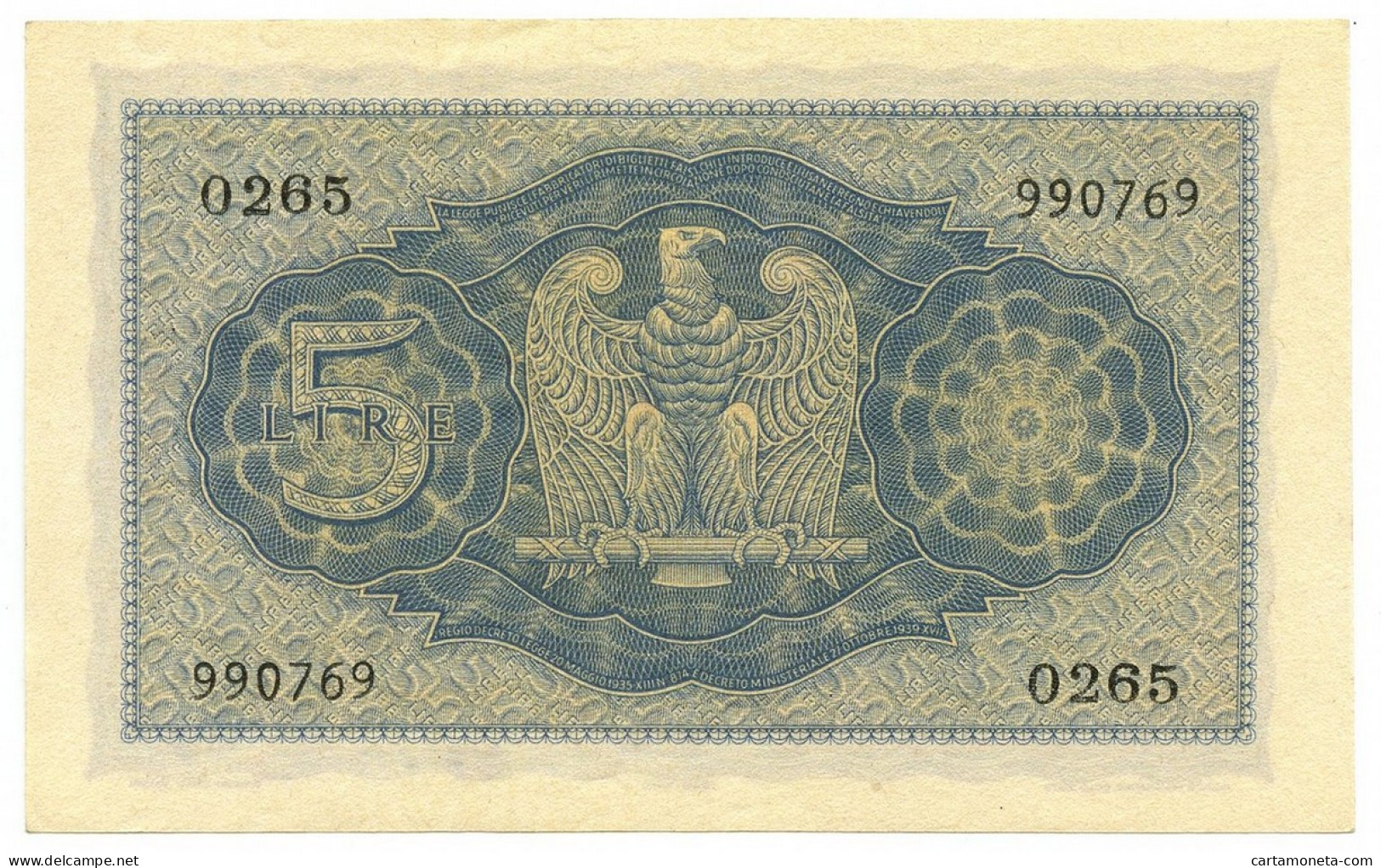 5 LIRE BIGLIETTO DI STATO VITTORIO EMANUELE III FASCIO 1940 XVIII QFDS - Regno D'Italia – Autres