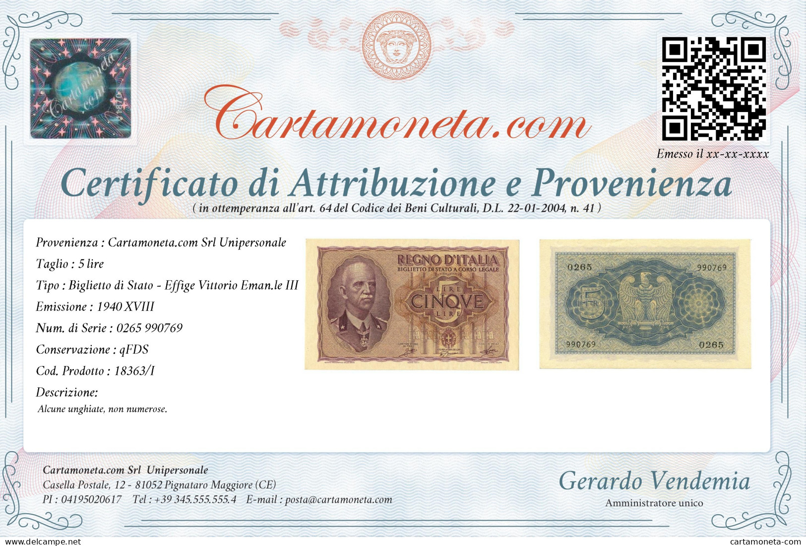 5 LIRE BIGLIETTO DI STATO VITTORIO EMANUELE III FASCIO 1940 XVIII QFDS - Andere