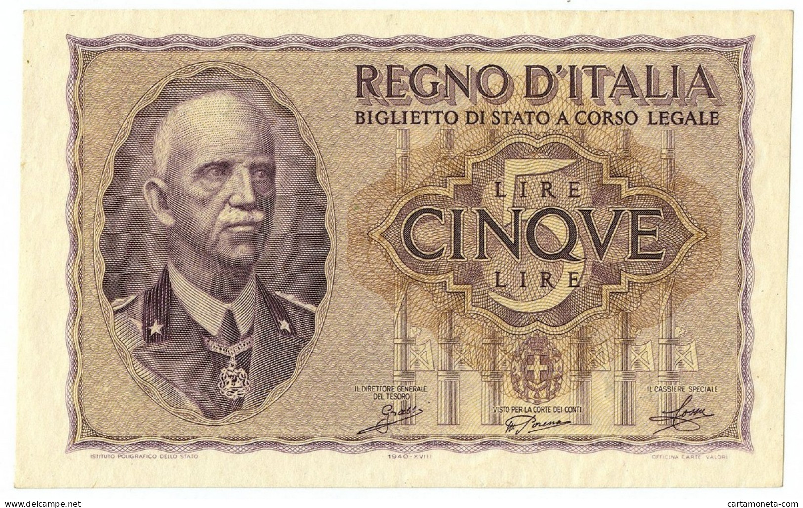 5 LIRE BIGLIETTO DI STATO VITTORIO EMANUELE III FASCIO 1940 XVIII QFDS - Andere