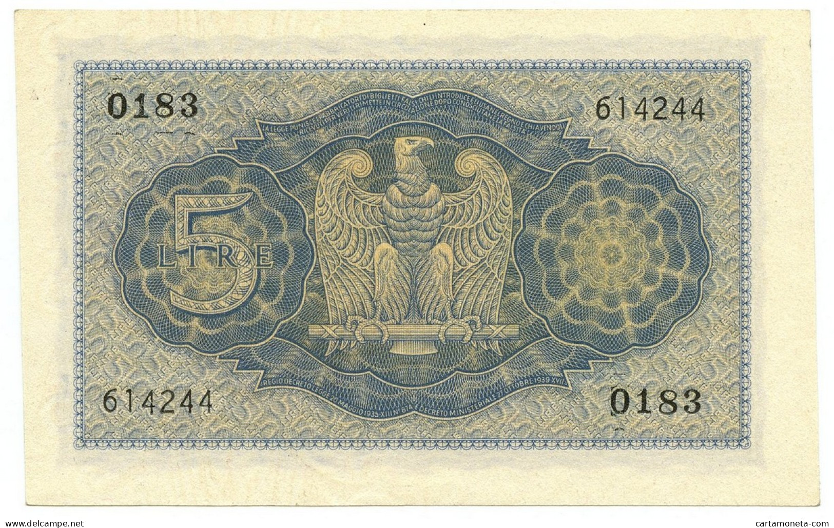 5 LIRE BIGLIETTO DI STATO VITTORIO EMANUELE III FASCIO 1940 XVIII QFDS - Regno D'Italia – Autres