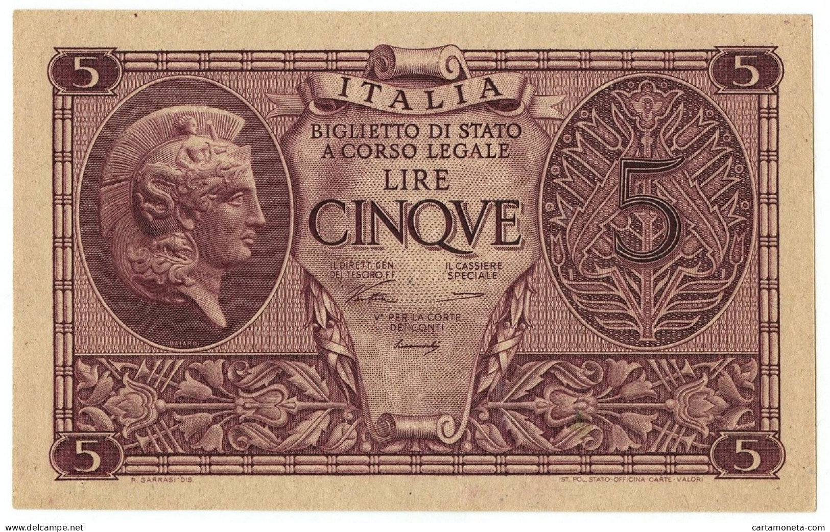 5 LIRE BIGLIETTO STATO ATENA LUOGOTENENZA PRIMA SERIE 0001 23/11/1944 QFDS - Andere