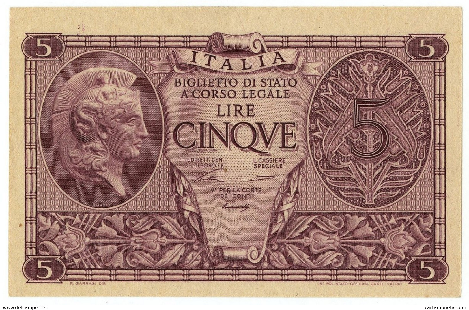 5 LIRE BIGLIETTO DI STATO ATENA LUOGOTENENZA UMBERTO VENTURA 23/11/1944 QFDS - Andere