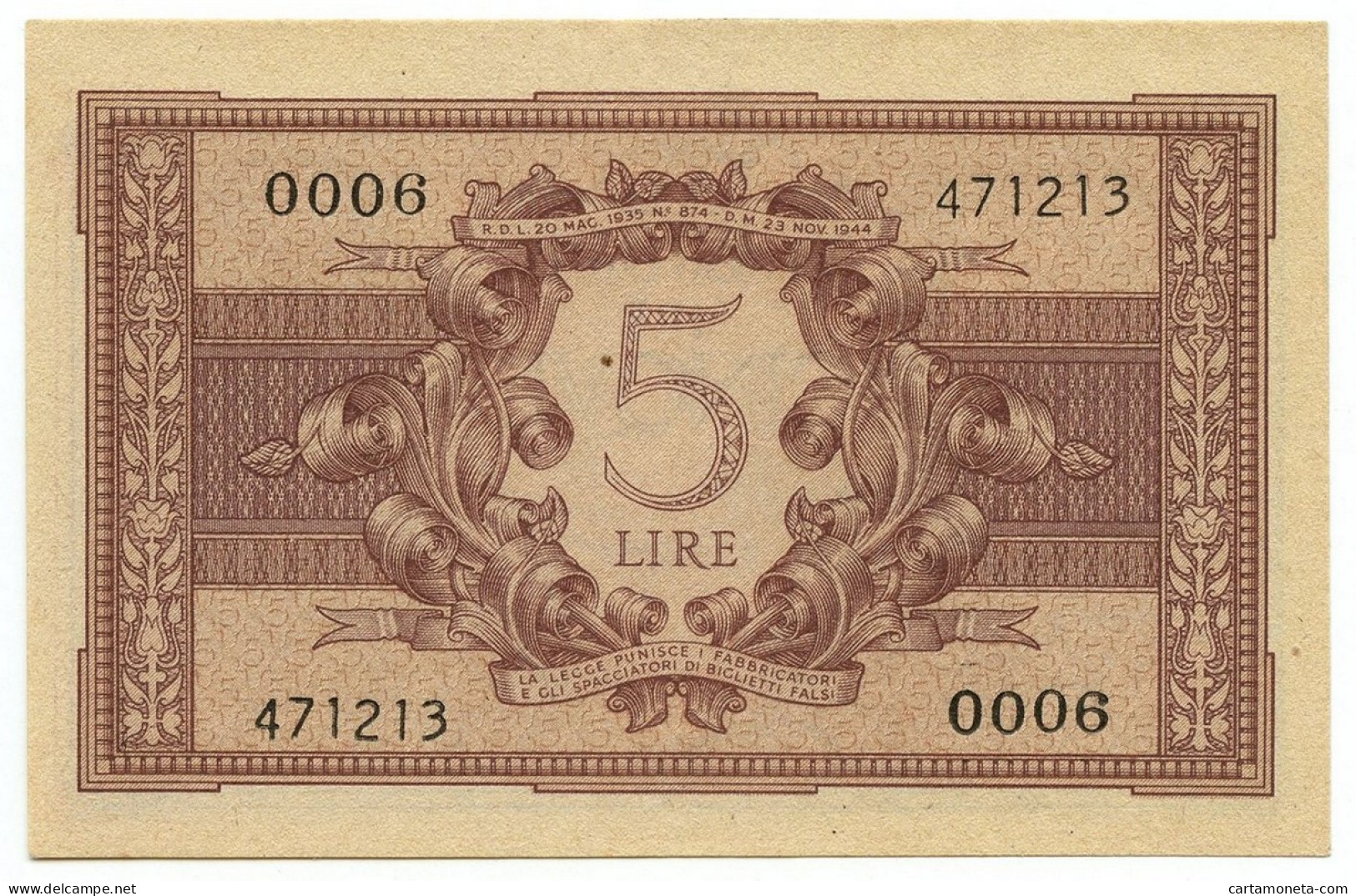 5 LIRE BIGLIETTO DI STATO ATENA LUOGOTENENZA UMBERTO VENTURA 23/11/1944 QFDS - Andere