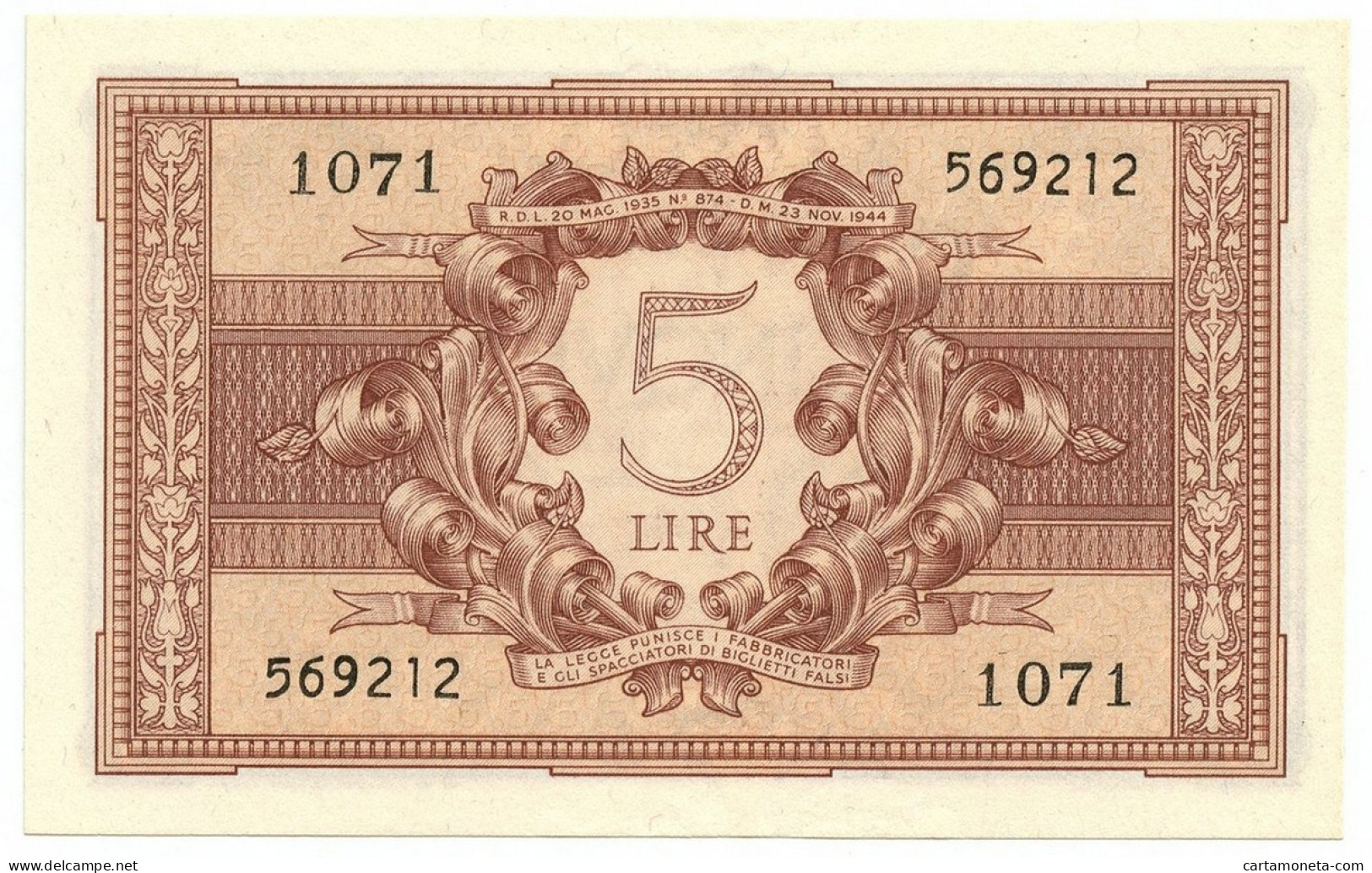 5 LIRE BIGLIETTO STATO ATENA LUOGOTENENZA UMBERTO CAVALLARO 23/11/1944 FDS - Regno D'Italia – Autres