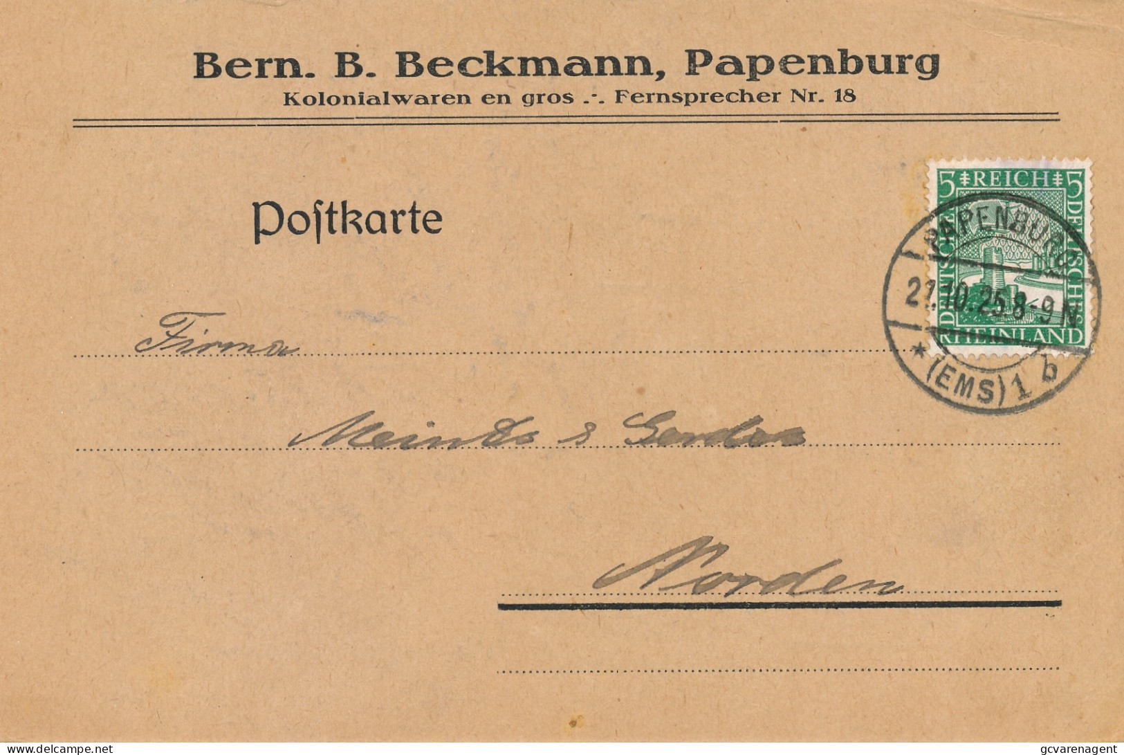 FIRMENKARTE    PAPENBURG = BERN.B.BECKMANN - KOLONIALWAREN EN GROS     2 SCANS - Papenburg