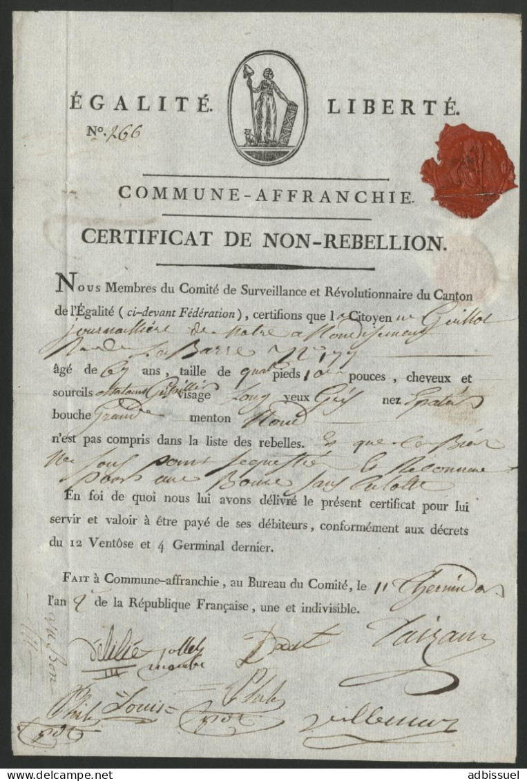 1794 CERTIFICAT DE NON REBELLION DU COMITE REVOLUTIONNAIRE DE SURVEILLANCE DU CANTON DE L'EGALITE (FEDERATION) DE LYON - Documents Historiques