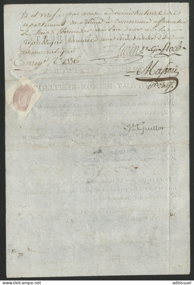1794 CERTIFICAT DE NON REBELLION DU COMITE REVOLUTIONNAIRE DE SURVEILLANCE DU CANTON DE L'EGALITE (FEDERATION) DE LYON - Historische Dokumente