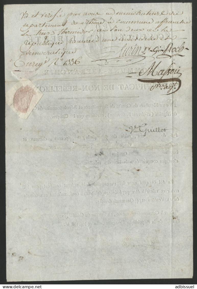 1794 CERTIFICAT DE NON REBELLION DU COMITE REVOLUTIONNAIRE DE SURVEILLANCE DU CANTON DE L'EGALITE (FEDERATION) DE LYON - Documentos Históricos