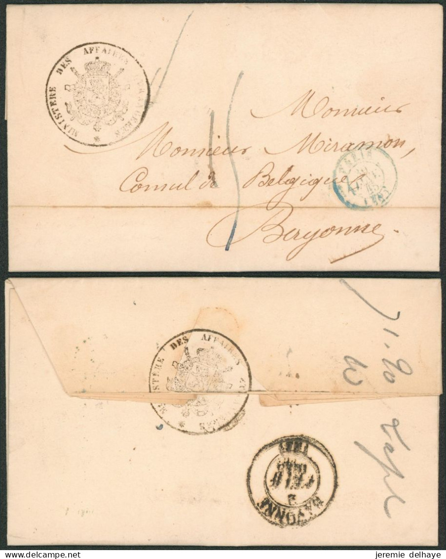 L. Ministère Des Affaires étrangères + Cachet Noir Expédié De Bruxelles (1848) > Consul De Belgique à Bayonne, "port 15" - 1830-1849 (Belgique Indépendante)