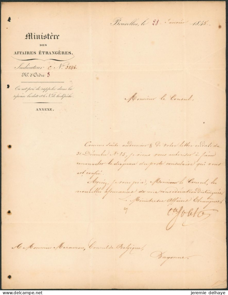 L. Ministère Des Affaires étrangères + Cachet Noir Expédié De Bruxelles (1848) > Consul De Belgique à Bayonne, "port 15" - 1830-1849 (Belgique Indépendante)